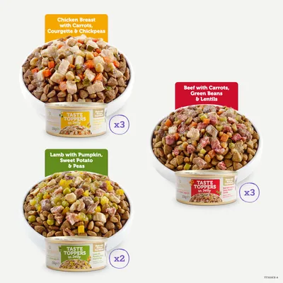 Taste Toppers in gelatina: pollo con carote, zucchine e ceci (x3), manzo con carote, fagiolini e lenticchie (x3), agnello con zucca, patata dolce e piselli (x2).