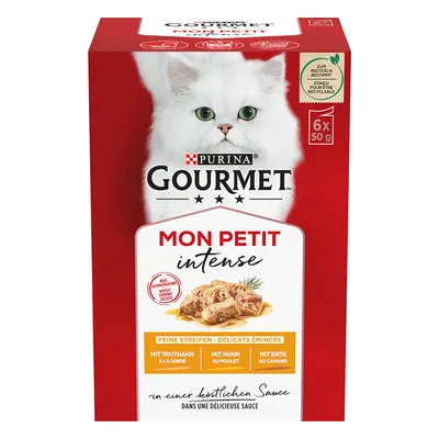 Purina Gourmet Mon Petit Intense, фини ленти в сос. Вкусове: пуйка, пиле, патица. Опаковка с 6x50g порционни пауча. Рециклируема.