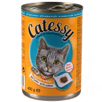 Catessy Häppchen in Gelee mit Lachs, with salmon, 400 g. Text: Ohne Zuckerzusatz. Bild på grå katt och en portion våtfoder i gelé.