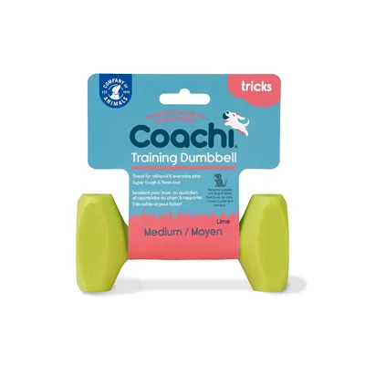 Coachi Training Dumbbell w kolorze limonkowym, rozmiar medium. Wytrzymały, pływający, do aportowania. Odpowiedni dla szczeniąt i psów do zabawy i nauki.