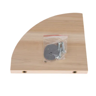 Quarter-circle wooden board with mounting materials, including screws and metal plates in a plastic bag.