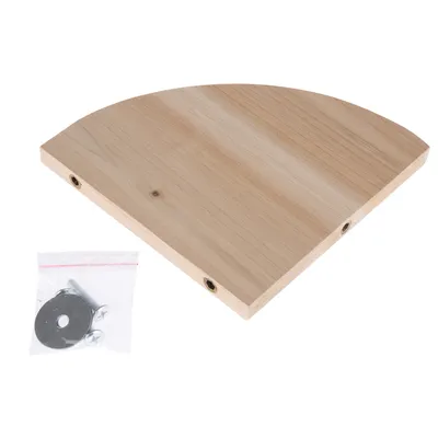 Semi-circular wooden board with mounting holes and accessory set including screws, washers and nuts in a plastic bag.