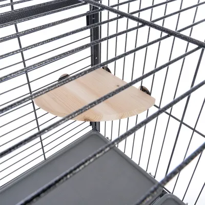 Wooden platform in a metal cage, attached to the cage wall. Suitable as a seating or resting area for animals.