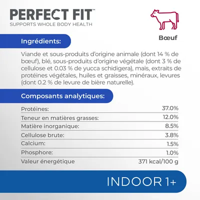 Perfect Fit Boeuf. Ingrédients : viande et sous-produits animaux (14 % boeuf), blé, cellulose, yucca schidigera, maïs. Protéines 37 %, matières grasses 12 %, énergie 371 kcal/100 g.