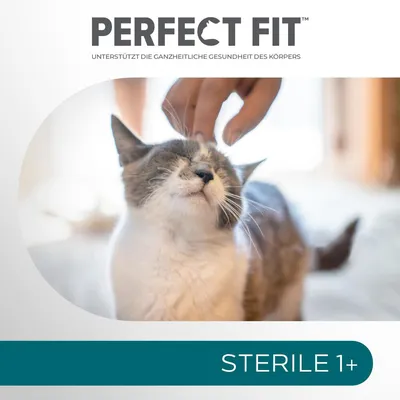 PERFECT FIT, STERILE 1+. Котка, която се гали. Текст на немски: UNTERSTÜTZT DIE GANZHEITLICHE GESUNDHEIT DES KÖRPERS.