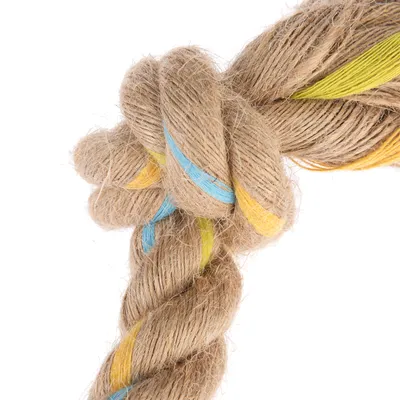 Toy rope made from natural fibres with yellow, blue and green accents. Knots for extra stability.