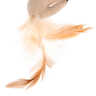 Hračka s béžovou látkou a dlouhými světle hnědými peříčky. Vhodné pro interaktivní hraní.