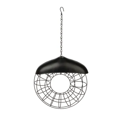 Round metal bird feeder with black roof and hook for hanging, suitable for bird food.