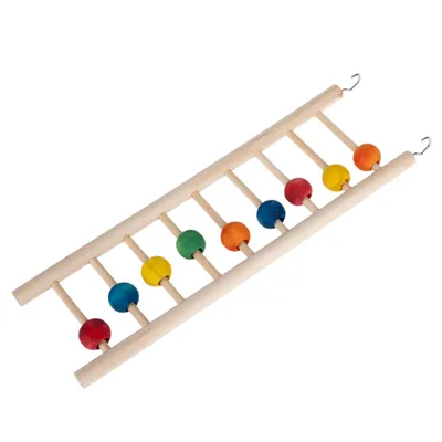 Échelle en bois avec crochets métalliques et huit boules colorées, adaptée pour cage d’oiseau ou rongeur. Boules rouges, bleues, jaunes, vertes et orange visibles.