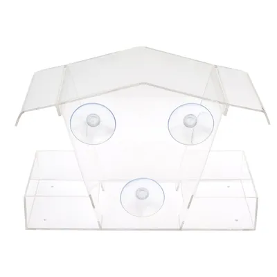 Transparent birdhouse made of plastic with three suction cups for attaching to windows.
