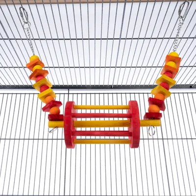 Colourful hanging wooden swing toy with beads and shapes attached to cage bars by metal chains, suitable for small animals or birds.