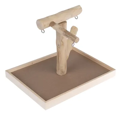 Wooden frame with two perches and metal rings on a rectangular wooden base, suitable for birds.