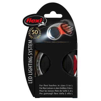 Flexi LED Lighting System, geeignet für flexi Leinen in den Größen S bis L. Jubiläumslogo: 50 Jahre 1973-2023.