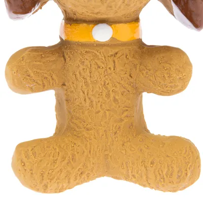 Giocattolo per cani a forma di cane marrone con collare giallo e punto bianco. Superficie strutturata per una presa migliore.