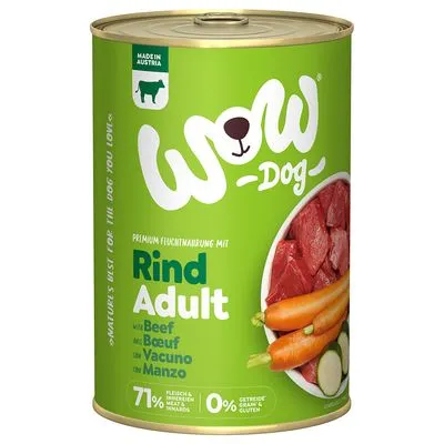WOW Dog Rind Adult natvoer, rundvlees, wortels en courgette zichtbaar op blik. Tekst: 71% vlees & bijproducten, 0% graan & gluten, Made in Austria.