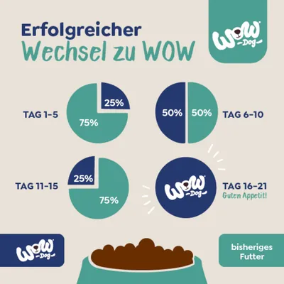 Erfolgreicher Wechsel zu WOW: Futterumstellung über 21 Tage. Tag 1-5: 75% altes, 25% neues Futter. Tag 6-10: 50%/50%. Tag 11-15: 25%/75%. Tag 16-21: 100% WOW Dog. Guten Appetit!