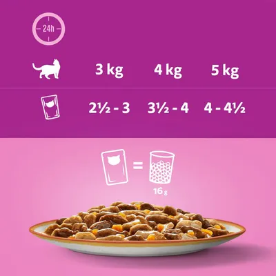 Conseils d’alimentation pour chat : 3 kg 2½–3 sachets, 4 kg 3½–4 sachets, 5 kg 4–4½ sachets par jour. 1 sachet équivaut à 16 g de croquettes.