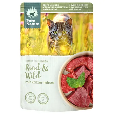 Pure Nature Premium Feuchtnahrung Rind & Wild mit Katzenminze, 70% Fleischanteil, getreidefrei.