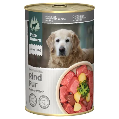 Pure Nature Senior (10+), hrană umedă premium pentru seniori, vită pură cu cartofi, 62% carne, fără cereale, fără aditivi artificiali.