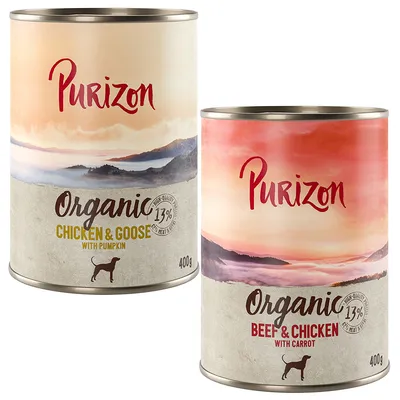 Deux boîtes Purizon Organic 400g : Chicken & Goose with Pumpkin, Beef & Chicken with Carrot. Texte visible : 13 % meat & egg content. Illustration de chien sur chaque boîte. Deux boîtes Purizon Organic 400g : Chicken & Goose with Pumpkin, Beef & Chicken with Carrot. Texte visible : 13 % meat & egg content. Illustration de chien sur chaque boîte.