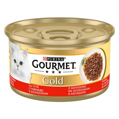 Purina Gourmet Gold консервированный корм для кошек с говядиной, изображение измельчённого мяса и белой кошки на упаковке.