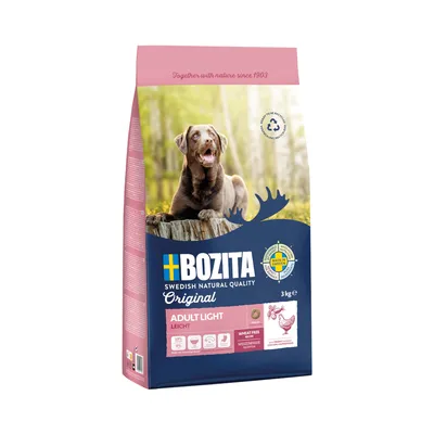 Bozita Adult Light, 3kg, calitate naturală suedeză, ușor, fără grâu, cu pui. Fabricat în Suedia. Ambalajul prezintă simbol de reciclare și informații despre produs.