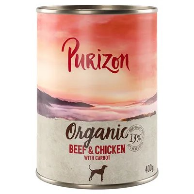 Purizon Organic Beef & Chicken with Carrot, 13 % high-quality protein, 400 g. Illustration de chien sur l’emballage.