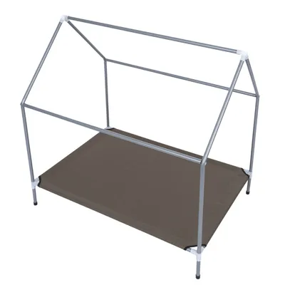 Metalen frame met rechthoekig ligoppervlak van bruine stof, geschikt voor huisdieraccessoires zoals bedden of overkappingen.