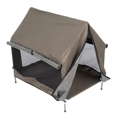Bruine tent met netzijden en verhoogd metalen frame, geschikt voor buitengebruik. Zichtbare opening aan de voor- en zijkant.