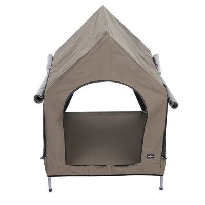 Bruine tent met metalen frame en ingang, geschikt als bescherming of rustplaats. Zichtbaar merk: more4pets.