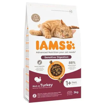 IAMS Sensitive Digestion kattenvoer, 88% dierlijk eiwit, rijk aan kalkoen, voor katten vanaf 1 jaar, 3 kg zak. Tekst: Easily Digestible, 100% Complete & Balanced Nutrition.