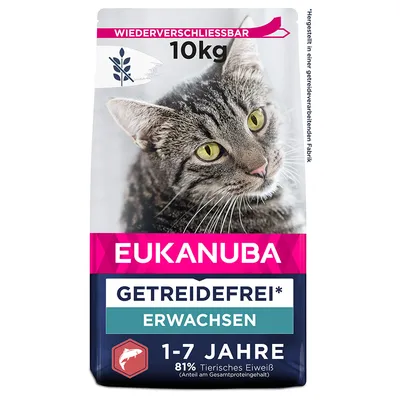 Eukanuba kattefoder, kornfri, til voksne fra 1-7 år, 10 kg pakke, 81% animalsk protein. Genlukkelig. Fremstillet i en kornforarbejdende fabrik.