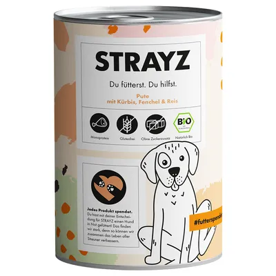 STRAYZ Pute mit Kürbis, Fenchel & Reis. Monoprotein, glutenfrei, ohne Zuckerzusatz, natürlich bio. Jede Dose spendet für Hunde in Not. #futterspenden