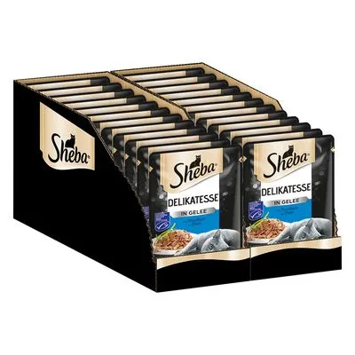 Sheba Delikatesse in Gelee kattenvoer, meerdere portiezakjes in zwarte displaydoos. Verpakking toont visafbeelding en merknaam Sheba duidelijk zichtbaar.