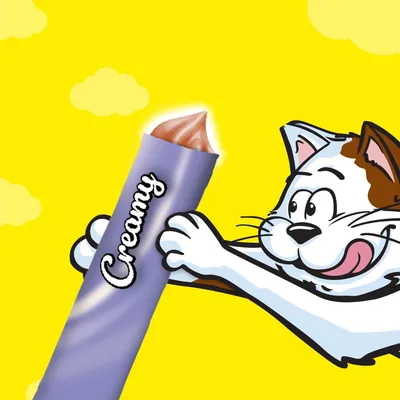 Ilustração de um gato a segurar uma saqueta roxa com o texto 'Creamy' e creme castanho a sair da embalagem.
