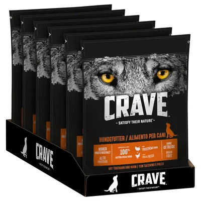 CRAVE Hundefutter / Alimento per cani - koiranruokapakkaukset, korkea proteiinipitoisuus, 100 % tuoretta kanaa, viljaton. Näkyvissä susikuvio ja oranssi teksti.