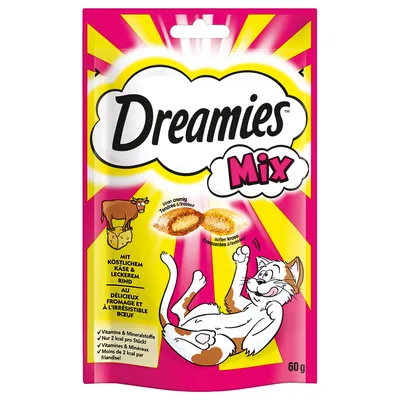 Dreamies Mix s lahodným sýrem a hovězím, uvnitř krémové, zvenku křupavé. Vitamíny a minerály, pouze 2 kcal na kus. Velikost balení: 60 g.
