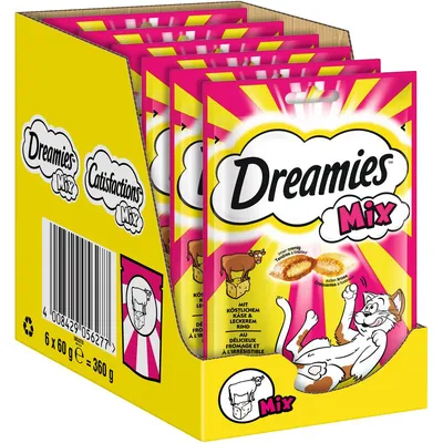 Dreamies Mix Katzensnacks, Geschmack Käse und Rind, Packung mit 6 x 60 g (360 g Gesamtgewicht).