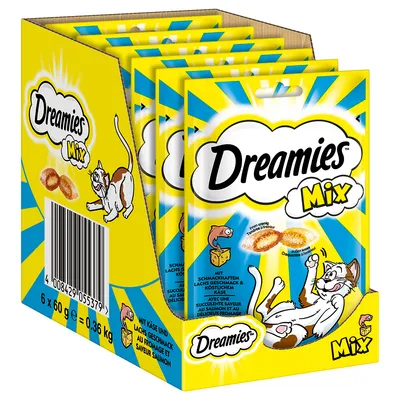Dreamies Mix, balení 6×60 g. Na obalu kreslená kočka a obrázky pamlsků. Viditelný čárový kód a text: Mit Käse und Lachs Geschmack.