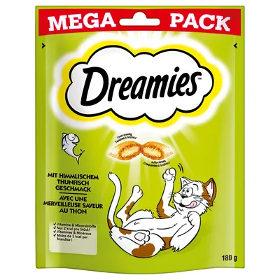 Dreamies Mega Pack, 180g. S nebeskou příchutí tuňáka, uvnitř krémové, zvenku křupavé. Obsahuje vitaminy a minerály, pouze 2 kcal na kus.
