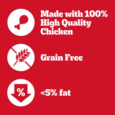 Testo in inglese: Made with 100% High Quality Chicken, Grain Free, <5% fat