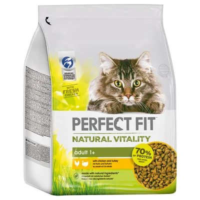 Sac de croquettes Perfect Fit Natural Vitality pour chat adulte 1+, poulet et dinde, 70 % de protéines d’origine animale, made with natural ingredients, image d’un chat sur l’emballage.