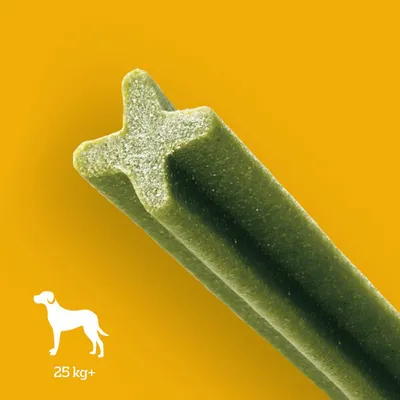 Grüner Kausnack mit X-Form, Symbol eines Hundes und Text '25 kg+' unten links auf gelbem Hintergrund.