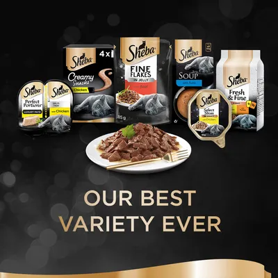 Různé druhy krmiva pro kočky Sheba: Perfect Portions, Creamy Snacks Chicken, Fine Flakes in Jelly with Beef, Soup with Tuna, Select Slices in Gravy with Chicken, Fresh & Fine Turkey.