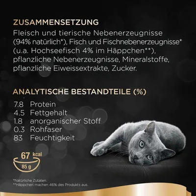 Zusammensetzung: Fleisch, tierische Nebenerzeugnisse (94% natürlich), Fisch, pflanzliche Nebenerzeugnisse. Analytische Bestandteile: Protein 7.8%, Fettgehalt 4.5%, Feuchtigkeit 83%.