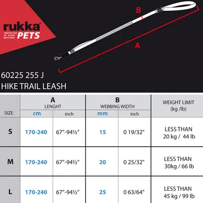 Rukka Pets Hike Trail Leash. Διαθέσιμα μεγέθη S, M, L με μήκος 170-240 εκ., πλάτος 15-25 χιλ. και όριο βάρους κάτω από 20, 30 ή 45 κιλά. Ο πίνακας δείχνει διαστάσεις σε εκ., χιλ. και ίντσες.