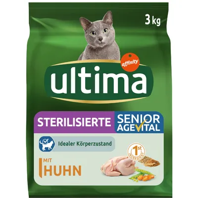 Опаковка Ultima Sterilisierte Senior AgeVital 3 кг, изображение на сива котка, текст на немски: Idealer Körperzustand, Mit Huhn, 1st ingredient, снимки на пиле и зеленчуци.