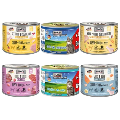 Set 6 conserve MAC's pentru pisici, diverse sortimente: Geflügel & Cranberry, Ente und Kaninchen, Kuehn pur mit ganzen Herzen, Herz & Leber, Geflügel und Lachs, Lachs & Huhn. Text în germană.