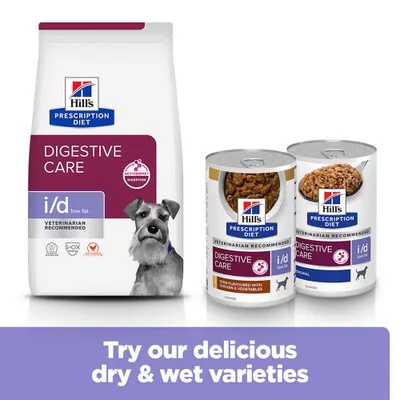 Hill's Prescription Diet Digestive Care i/d alacsony zsírtartalmú száraz- és nedves eledel, állatorvosok által ajánlott, eledel tasakok és konzervdobozok képeivel. Hill's Prescription Diet Digestive Care i/d alacsony zsírtartalmú száraz- és nedves eledel, állatorvosok által ajánlott, eledel tasakok és konzervdobozok képeivel.
