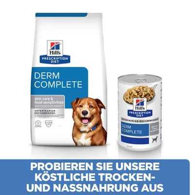Hill's Prescription Diet Derm Complete Trocken- und Nassnahrung für Hautpflege und Futterempfindlichkeiten. Tierärztlich empfohlen.